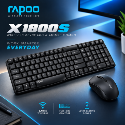 Rapoo X1800S Wireless Keyboard and Mouse Combo (Black) – 2.4GHz Reliable Wireless, Spill-Resistant Design, 1000 DPI Optical Mouse, Long Battery Life & 2-Year Warranty
